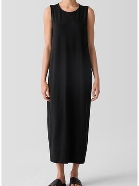Eileen Fisher Black Sleeveless Round Neck Oval Stretch Midi Dress
